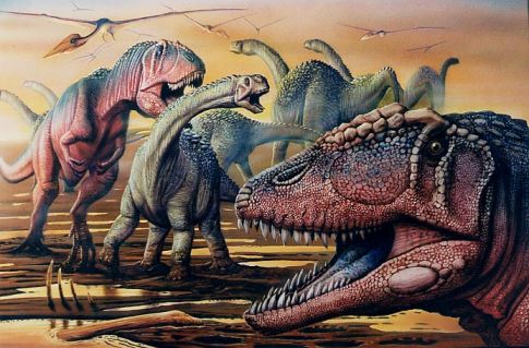 Un Aegyptosaurus essaye de se dfendre face  deux Carcharodontosaurus affams